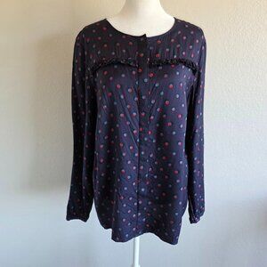 Boden Blouse Top Navy Abstract Geometric Ruffle Viscose Silk Washable Size 14